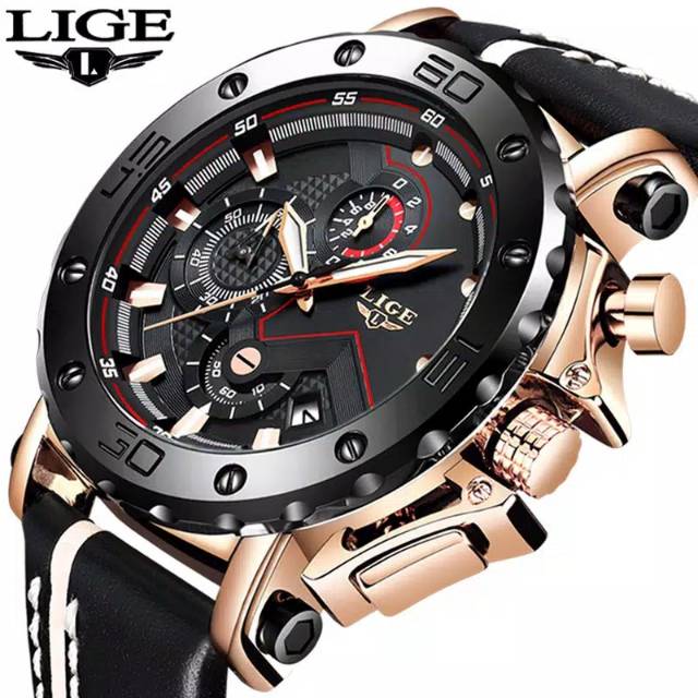 LIGE Jam tangan pria Olahraga Perhiasan Mewah Kulit Waterproof Quartz