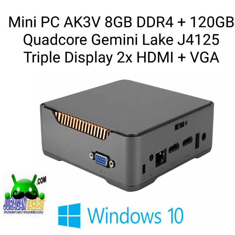 Mini PC AK3V Intel Quadcore J4125 8/128GB Windows 10 Pro Dual HDMI Plus VGA Triple Display