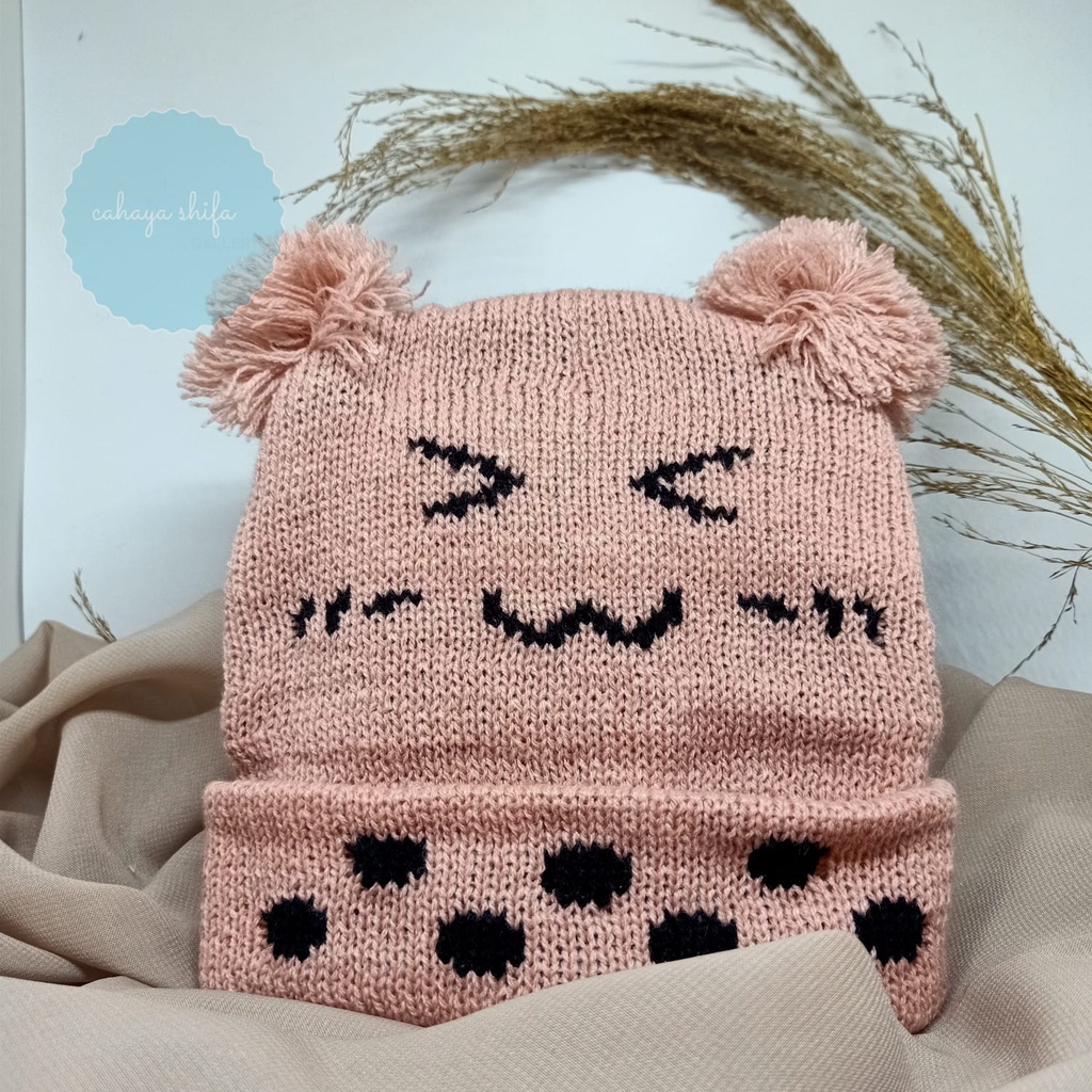 KUPLUK TOPI BAYI BOBA SMILE POMPOM / KUPLUK BAYI BOBA SMILE UNISEX