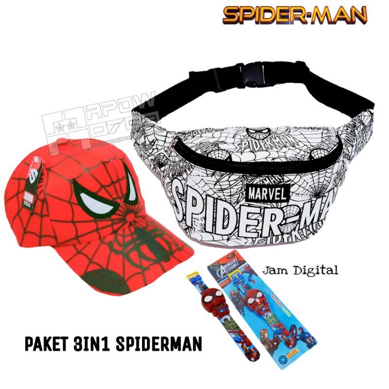 Paket 3in1 Tas selempang waistbag anak karakter Spiderman | bonus topi dan jam tangan