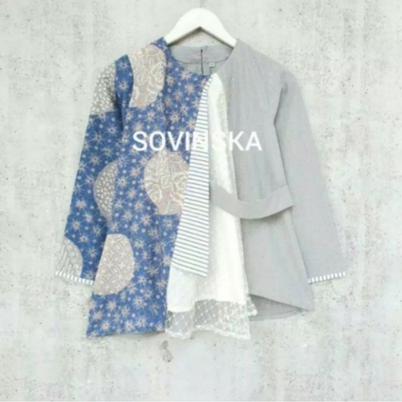 Atasan Batik M33 blue kancing leher warna abu kombinasi biru bahan katun sovinska