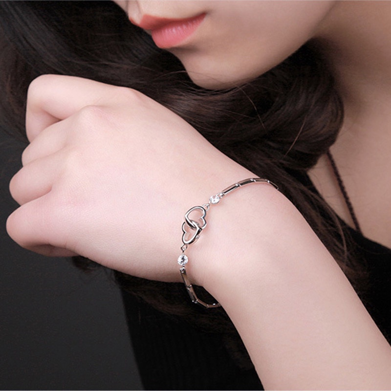 Gelang Desain Hati Ganda Aksen Berlian Warna Rose Gold Silver Gaya Korea