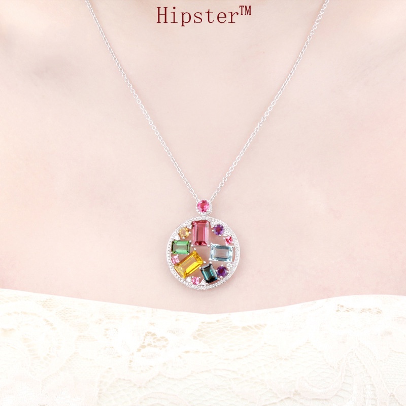 Fashion Personality Geometry round Rainbow Color Candy Pendant Clavicle Chain