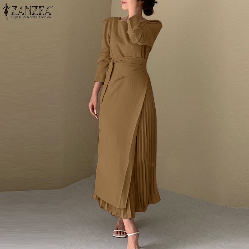 ZANZEA Ladies Fashion Women Dress Plain Slim Elegant Pleated Office Long Dresses