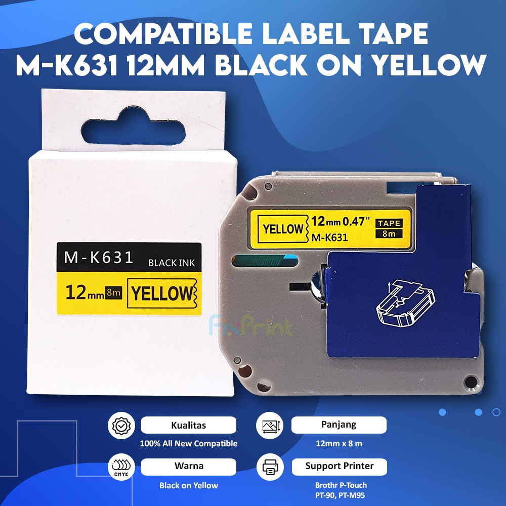 Compatible Label Tape M-K631 12mm Black On Yellow, Casette MK 631 12mm x 8mm Printer Brothr P-Touch PT-90 PT-M95