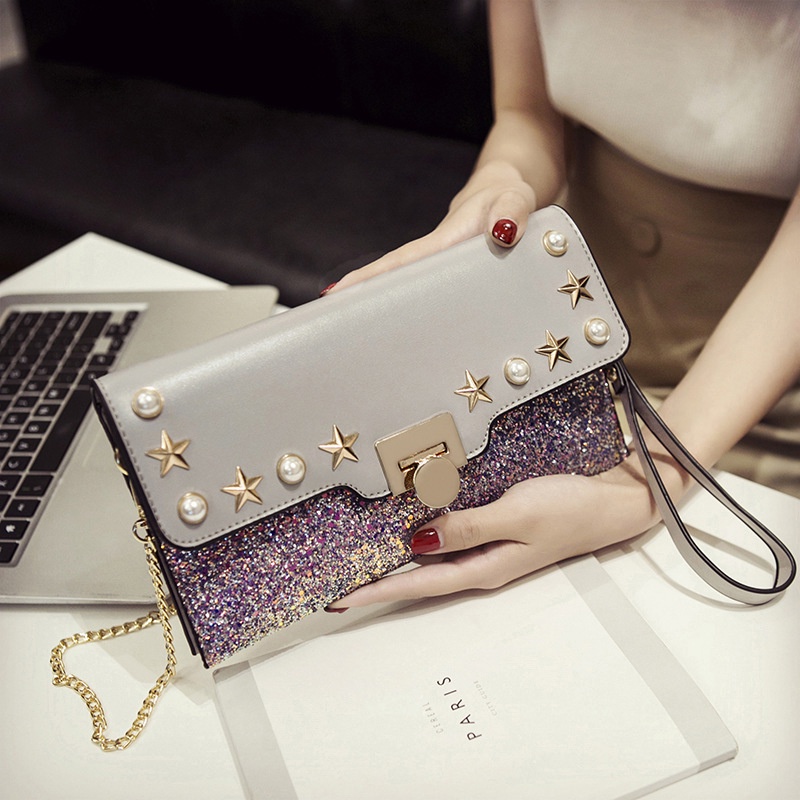 BJ81869 - BLACK/GRAY/PINK - TAS PESTA CLUTCH SLEMPANG TALI RANTAI DOMPET WANITA FASHION IMPORT MODIS ELEGAN TERMURAH TERLARIS TERBARU BAGSTORE JAKARTA TAS BATAM GT1869