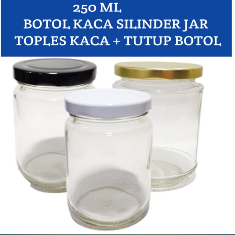 250ML TUTUP HITAM / PUTIH  BOTOL KACA 250ML BARU + TUTUP SENG BARU / BOTOL SILINDER BULAT TOPLES  KACA 250 ML KHUSUS GOJEK jkt