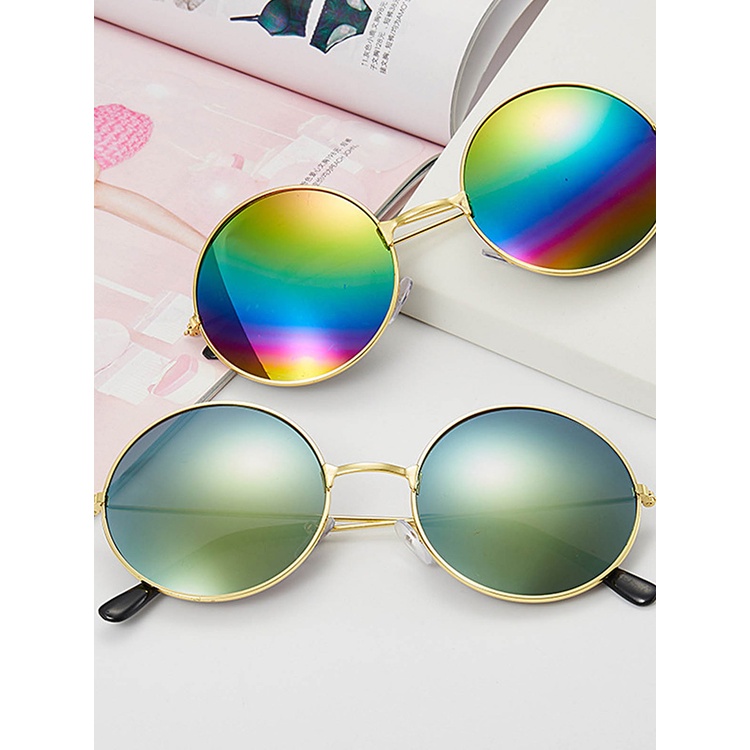 Kacamata Hitam Lensa Bulat Reflektif Warna-Warni Untuk Unisex / Pria / Wanita