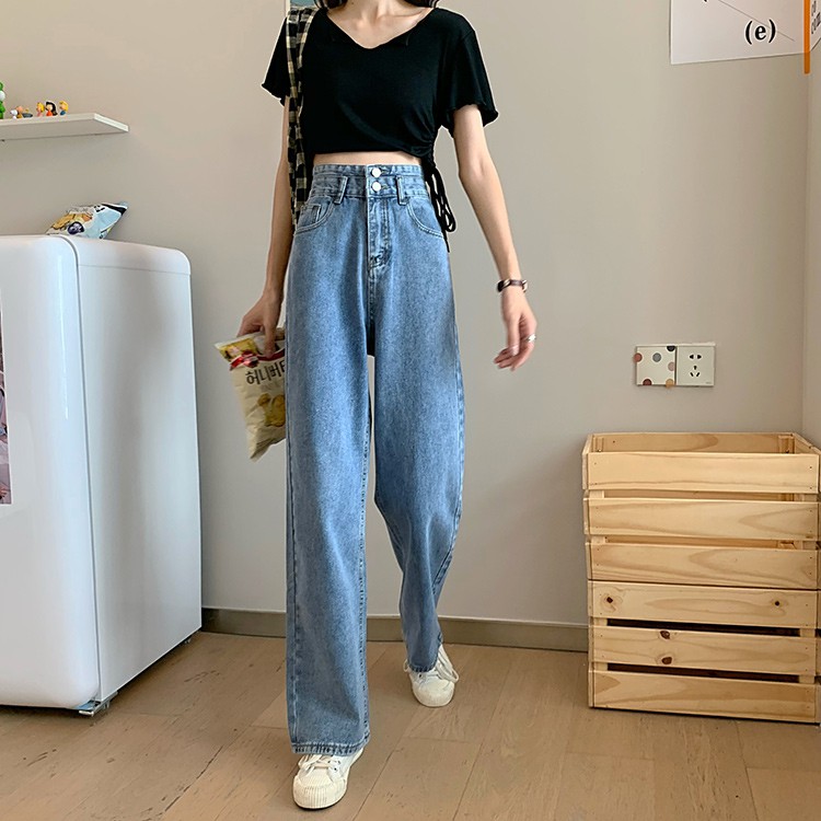 Celana Jeans high waist jeans celana panjang straight pants loose celana jeans wanita Korean Style Straight