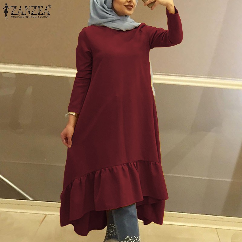 ZANZEA Women O-neck Long Sleeve Frilled Plain High Low Muslim Midi Dress