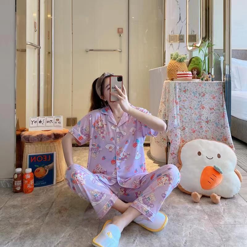 Baju tidur wanita / Piyama Cp baju tidur wanita krah pendek import kotak freesize-Cp.k BEAR UNGU