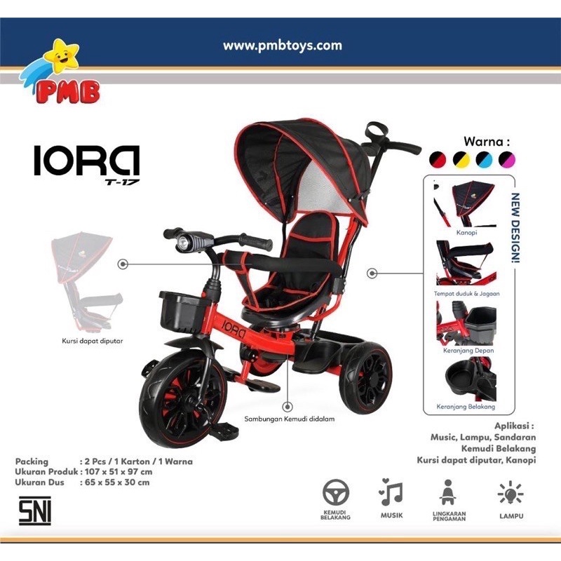 Sepeda Anak Tricycle IORA T17 PMB TOYS Roda Tiga Garansi Original SNI COD-Hitam Merah
