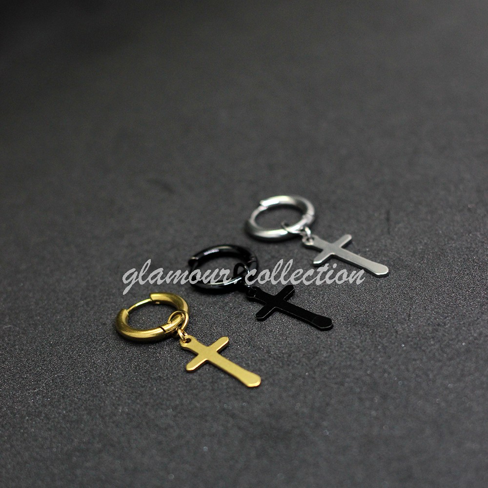 Anting Tindik Telinga Pria Titanium Model Bulat/Ring Bandul Salib Ala Kpop SILVER 10MM