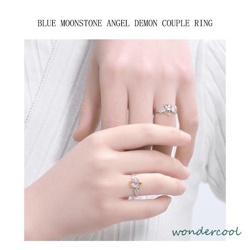 Perhiasan Cincin Pasangan Perak Biru Moonstone Malaikat Setan-Won