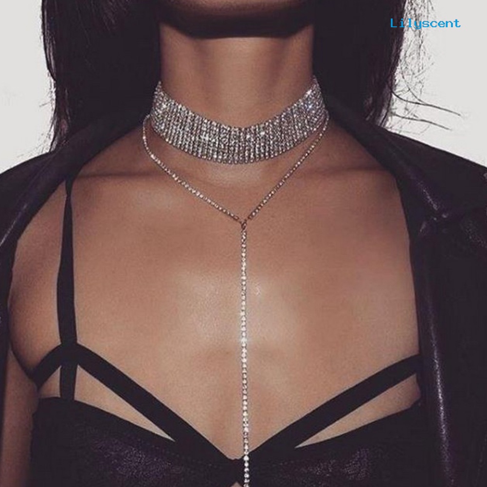 Kalung Choker Rantai Berlian Imitasi Multilayer Untuk Wanita