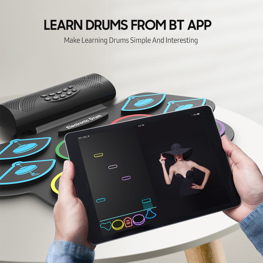 Rixton Electronic Drum Set 9 Pads Bluetooth Roll-Up Digital Drum Built-in Dual Speaker With MIDI Function