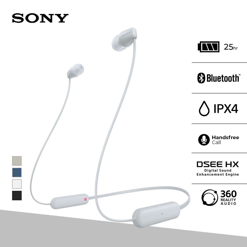 SONY WI-C100 In Ear Wireless Bluetooth Headset With Microphone For Android &amp; IOS - White [Battery Up to 25h] Earphone Headphone Handsfree