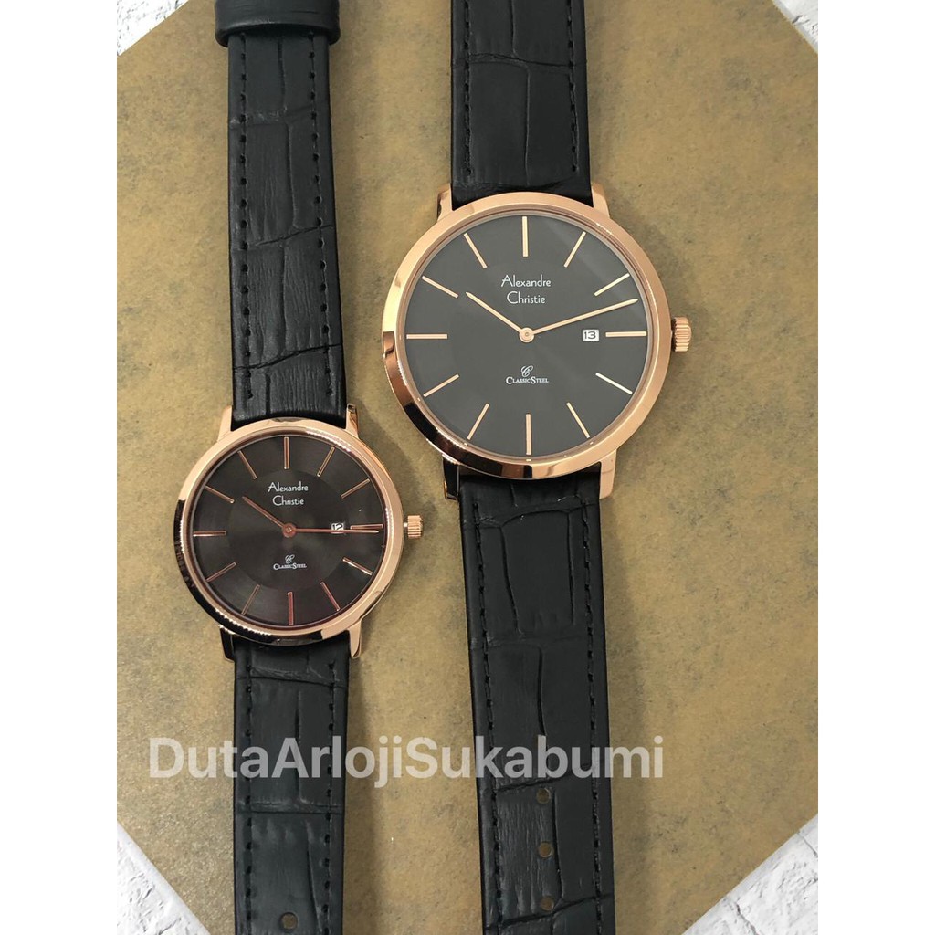 Jam Tangan Couple Alexandre Christie 8599MD  Black Gold Leather Strap (HARGA SATUAN)