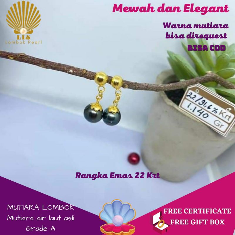 ANTING EMAS MUTIARA LOMBOK MUTIARA LAUT GRADE A MUTIARA WARNA HITAM