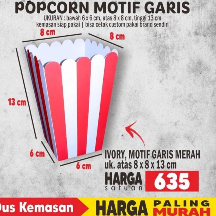❋ Box Popcorn Garis Merah Uk 8x8x13 cm (91pcs) ♨