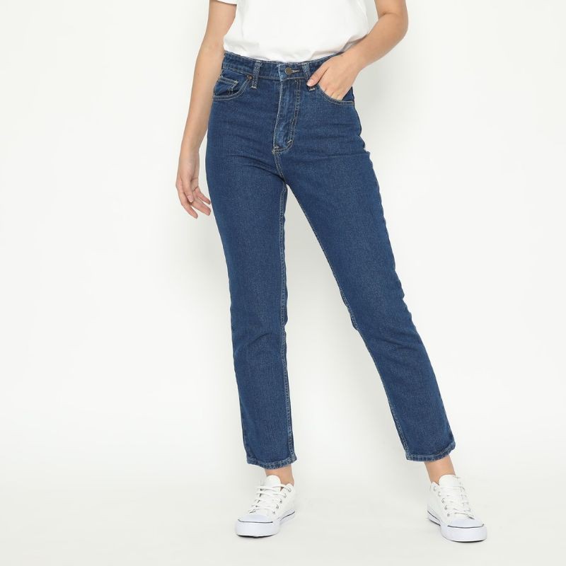 Boyfriend Jeans Wanita Celana Highwaist Panjang Navy Biru Muda Hitam