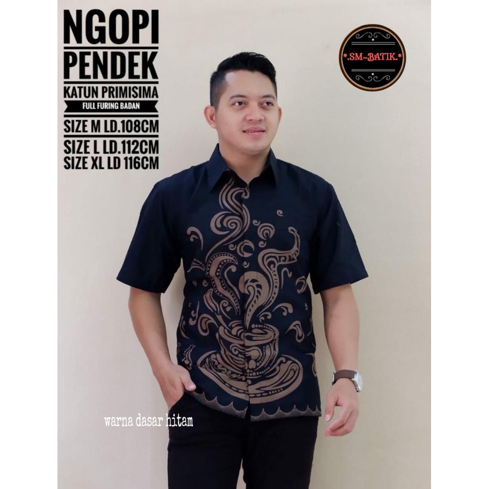 Batik Pendek Motif Kopi Batik Pria Lengan Pendek Warna Hitam Batik Lapis Furing NGOPI