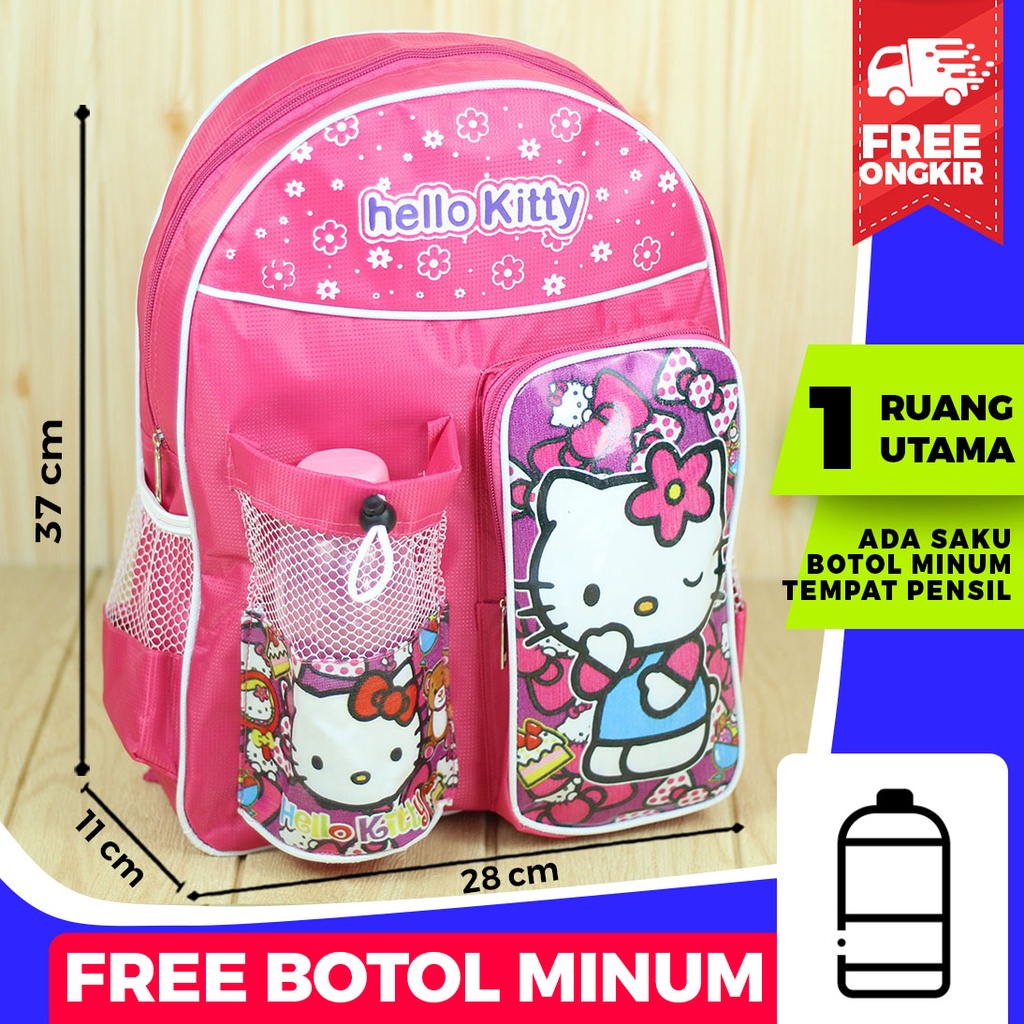 FREE BOTOL MINUM Tas Ransel Anak Perempuan Karakter Hello Kitty Pink Lucu Tas Sekolah TK / PAUD / SD