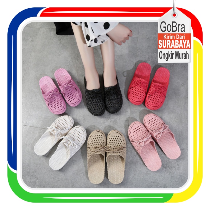 ♕ Gobra ♕ SA005 Sandal EVA Import Motif Pita Tali Sepatu Sendal Slop Santai Wanita Karet Rubber Empuk Fashion Korea