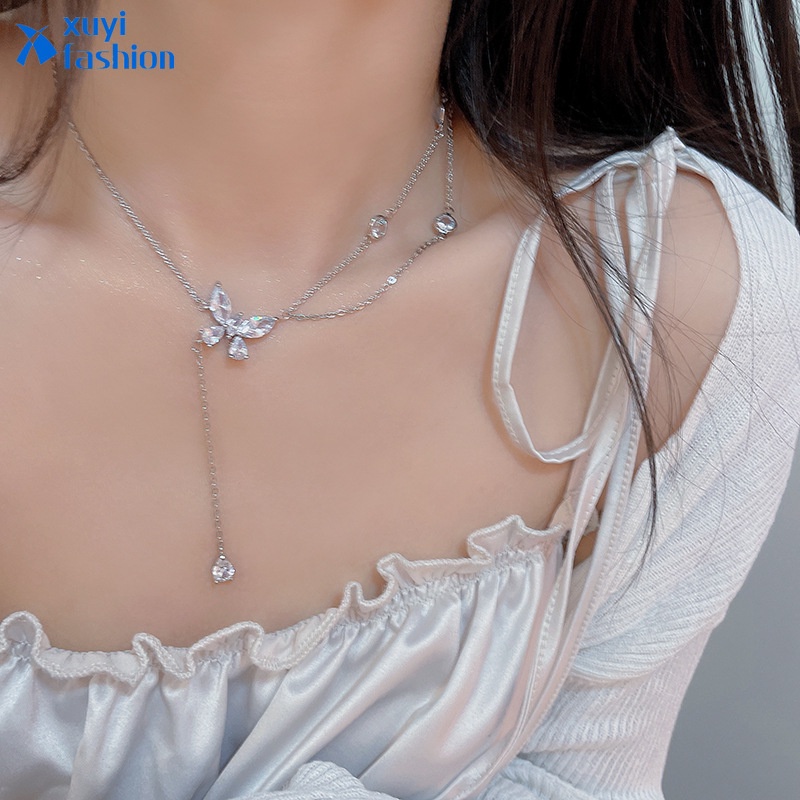 Kalung Rantai Choker Liontin Kupu-Kupu Hias Kristal Warna Silver Untuk Wanita