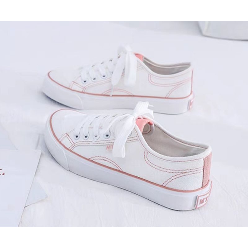 [ PAKAI DUS SEPATU ] IDEALIFESHOES Sepatu Wanita Sneaker Putih Garis Biru Import Sport Sepatu Casual Korea Style Murah-PINK