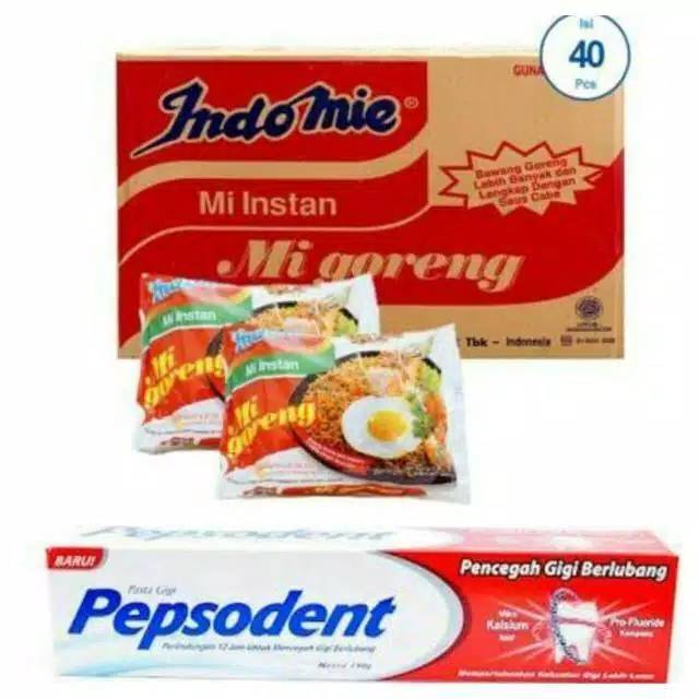 

Paket Indomie goreng + pepsodent jumbo