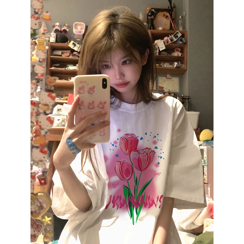 EUNII T-shirt Lengan Pendek Cetak Tulip Korean Style/Kaos Atasan Wanita/Baju Kaus Oversize Wanita