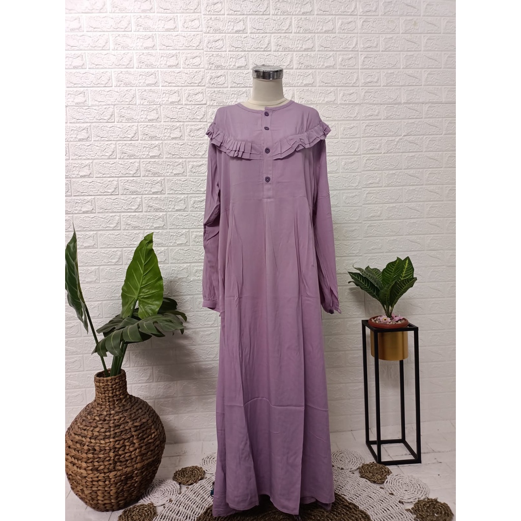 Gamis Ruffle Long Dress - Gamis Ruffle Baru - Gamis Ruffle Kancing Depan - Dress Gamis Terbaru Kekinian - Gamis Ruffle Kekinian - Gamis Busui Terbaru - Gamis Ruffle Polos Rayon Halus