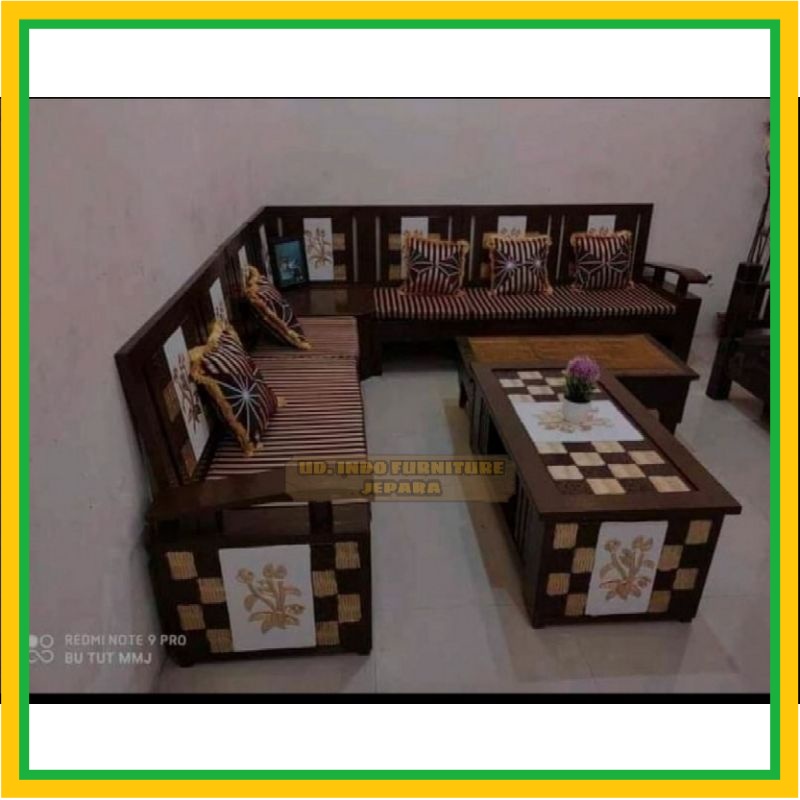 Meja kursi tamu sudut pojok kayu jati + set busa bantal