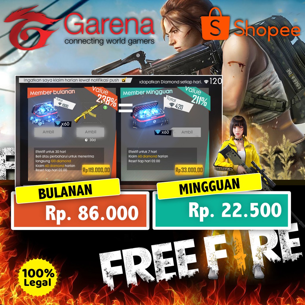 Diamond Membership Mingguan Bulanan Ff Free Fire Garena Via Id Murah