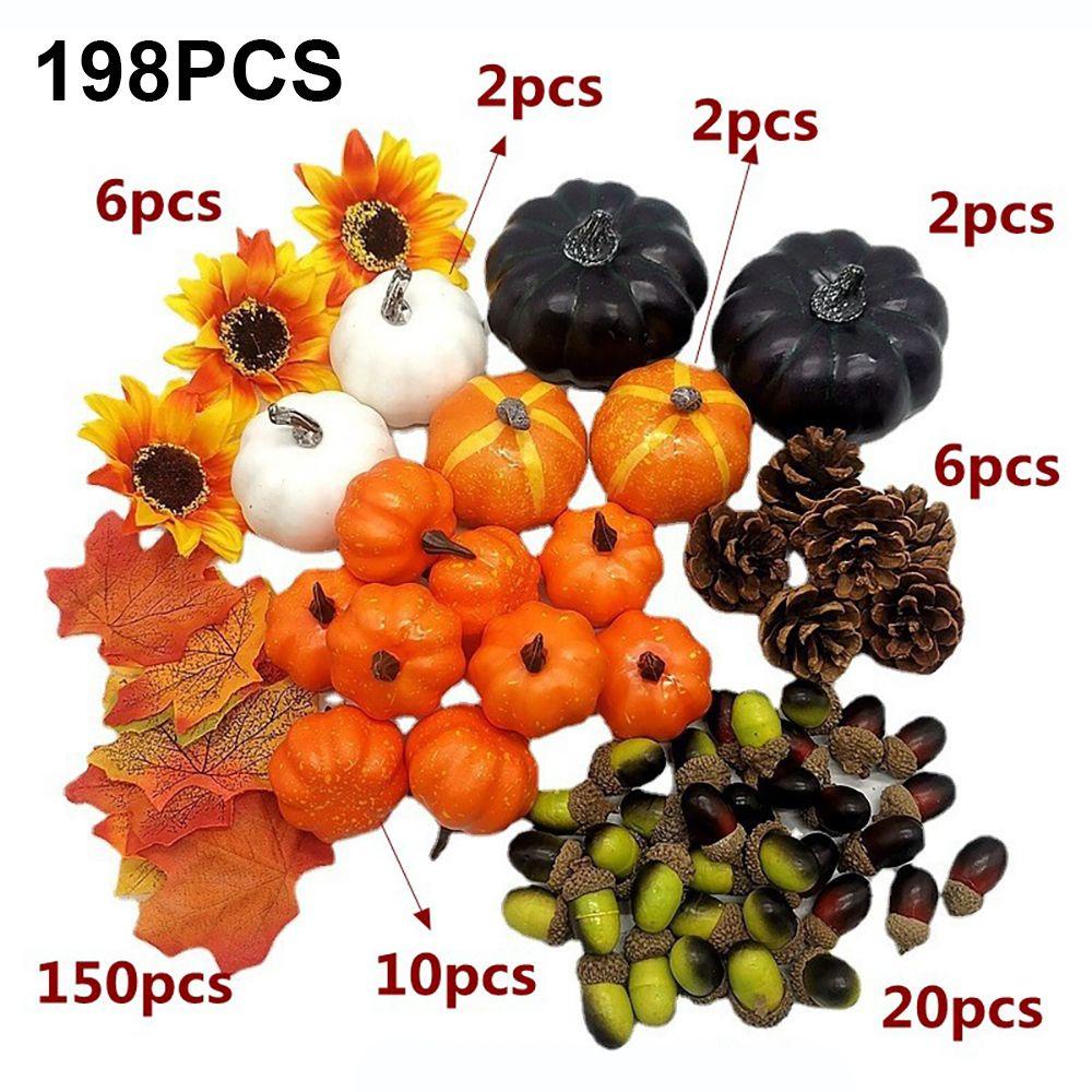 R-FLOWER 198 Pcs Simulasi Labu Set Aksesoris Musim Gugur Panen Properti Foto Daun Maple Bunga Matahari