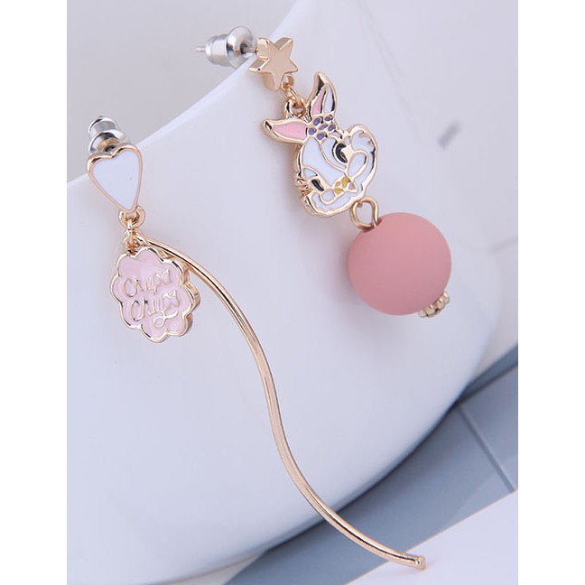 LRC Anting Tusuk Fashion Pink Rose Asymmetric Earrings With Rabbit Oil Beads D60201