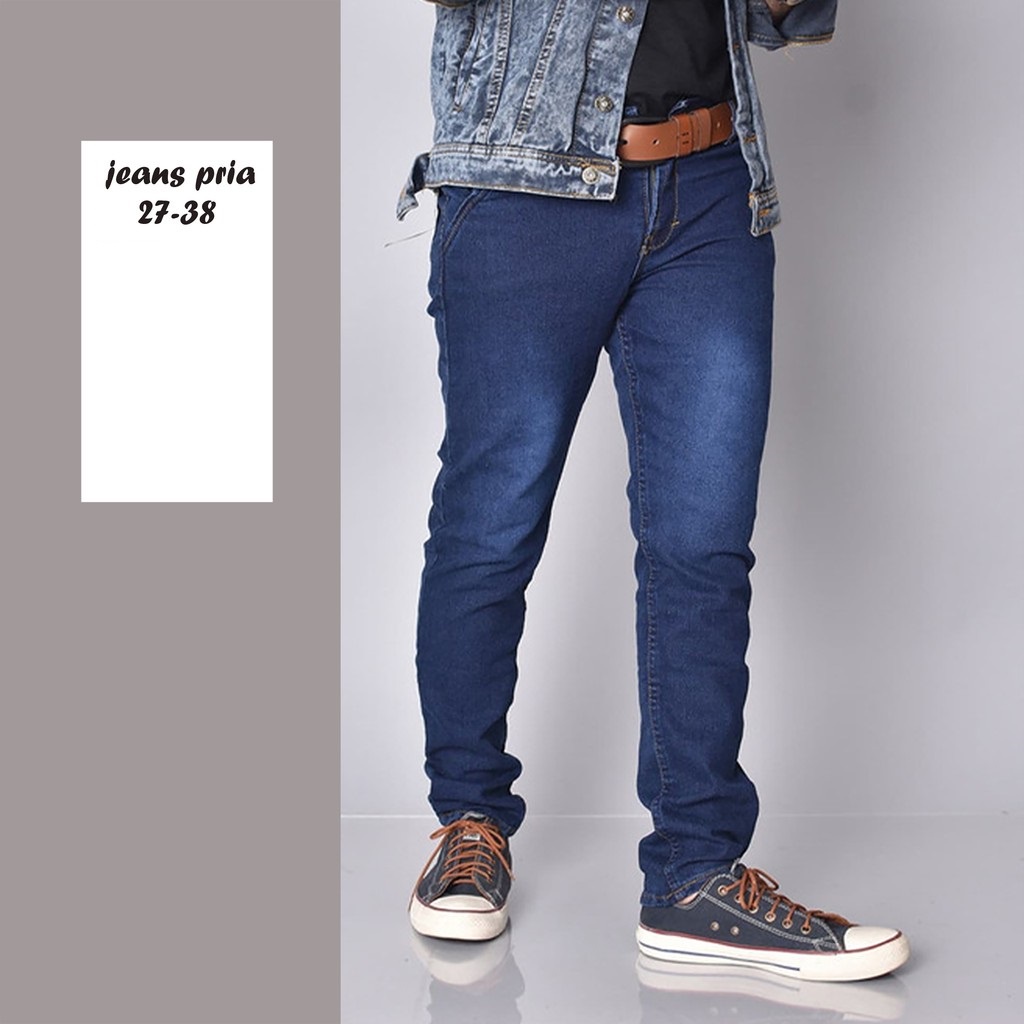 celana Jeans pensil pria  slim original distro terbaru navy wosh blue streach melar