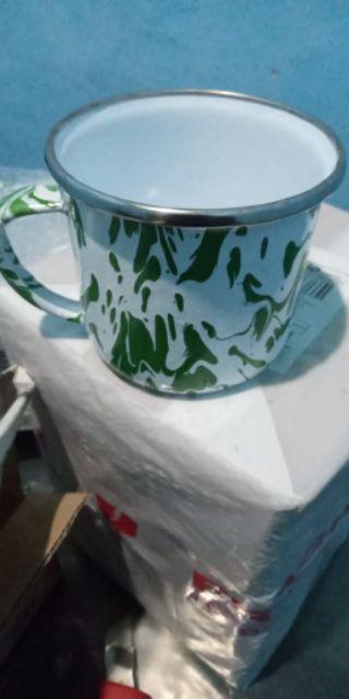 Mug Cangkir Enamel Kaleng Jadoel Blirik Blurik Loreng Hijau 8cm