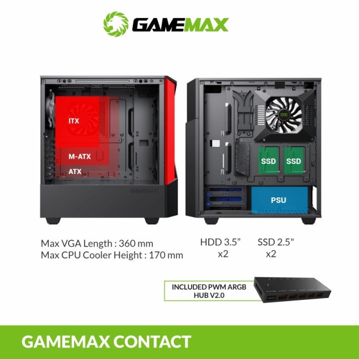 Gamemax Contac COC Black Red E-ATX Gaming PC Case With COC Fan &amp; PWM