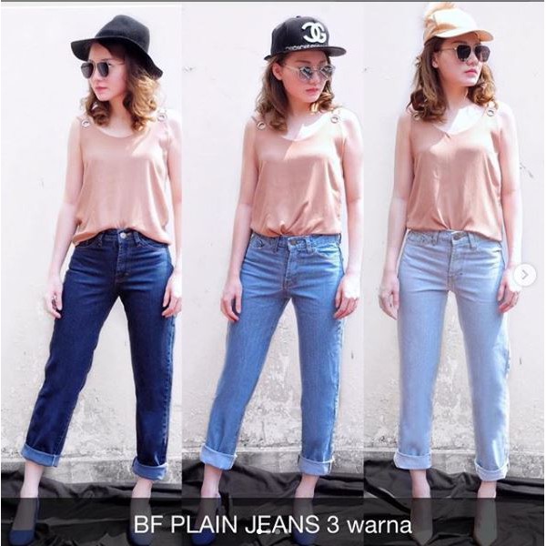 CELANA JEANS WANITA BOYFRIEND PLAIN DARK, MEDIUM &amp; LITE BLUE