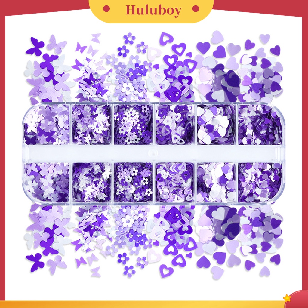 Huluboy Huluboy♡ 12 Grids Glitter Portable Warna Ungu Plum Blossom Untuk Dekorasi Kuku Jari Wanita