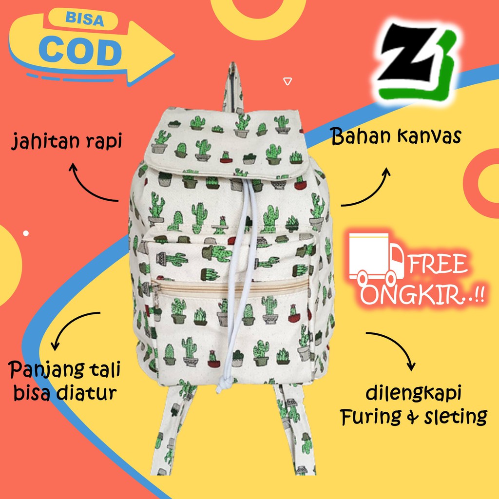 Tas ransel wanita cewek Perempuan Cewe remaja Sekolah kuliah kerja kanvas kekinian serut murah A6-kaktus