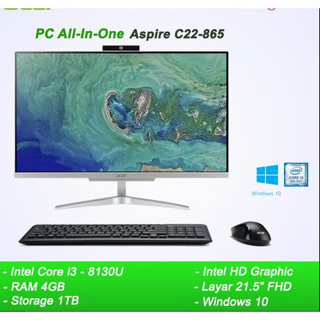 Acer PC All in One ACER AIO ASPIRE C22-865 - i3-8130u / 4gb DDR4 / 1tb SATA 2.5&quot; / 21.5&quot; FHD No-touc