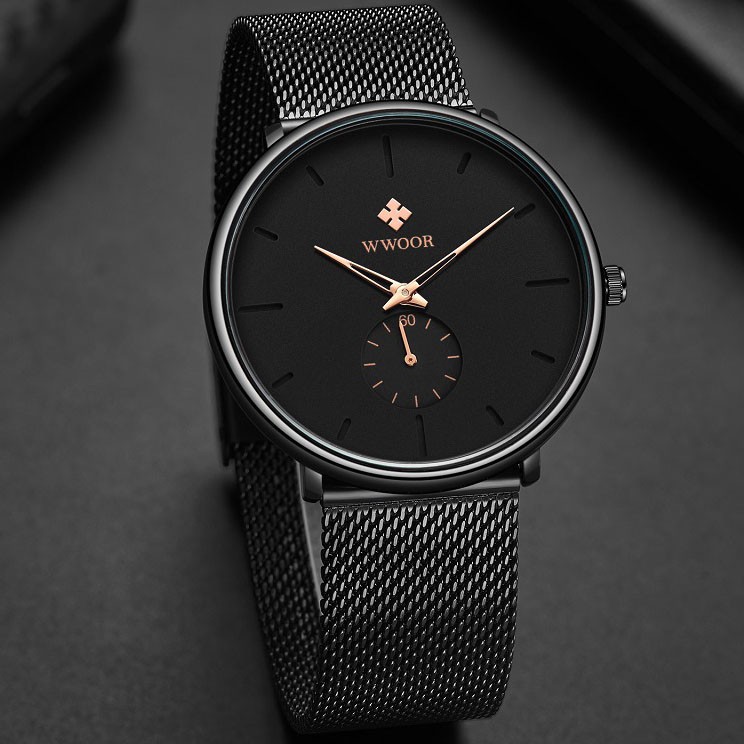 WWOOR Pria 8855 Casual - Jam Tangan Kasual Tipis Elegan Stainless Anti Air - Gold Original