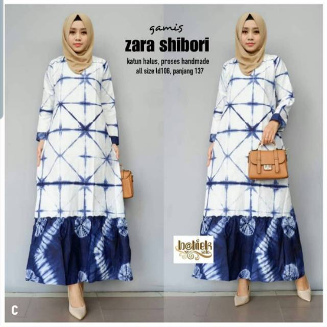 Gamis zara shibori jepanh kotak putih biru dongker handmade seragam murah abaya muslim batik cantik