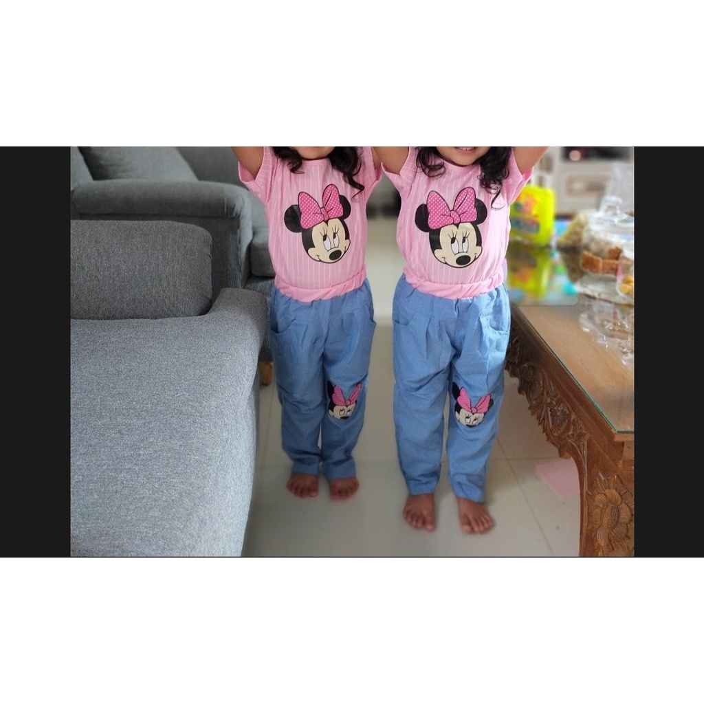 VISION ONLINE-SETELAN CELANA DENIM BAJU PENDEK STRIPY MINNIE PINKY ANAK BAYI PEREMPUAN MURAH KOREA