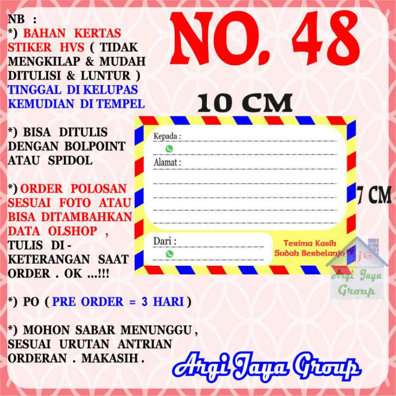 

Stiker HVS - Stiker Pengiriman - Sticker Alamat Olshop Murah Nomer 48 - 10x7cm