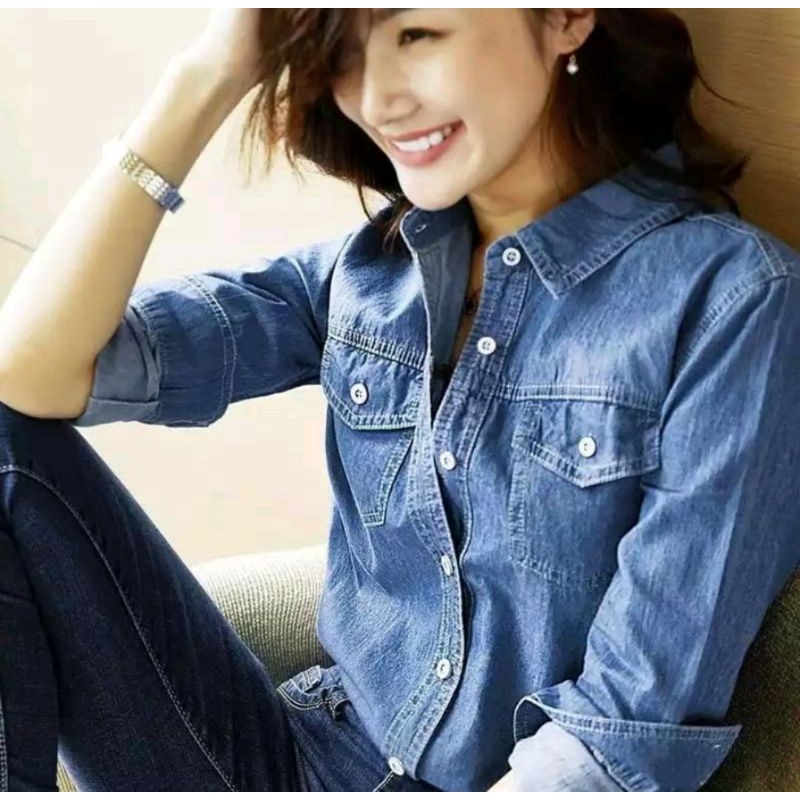 LO0 sonia jeans-kemeja jeans wanita terbaru-atasan wanita korean sekini bahan tebal dan lembut