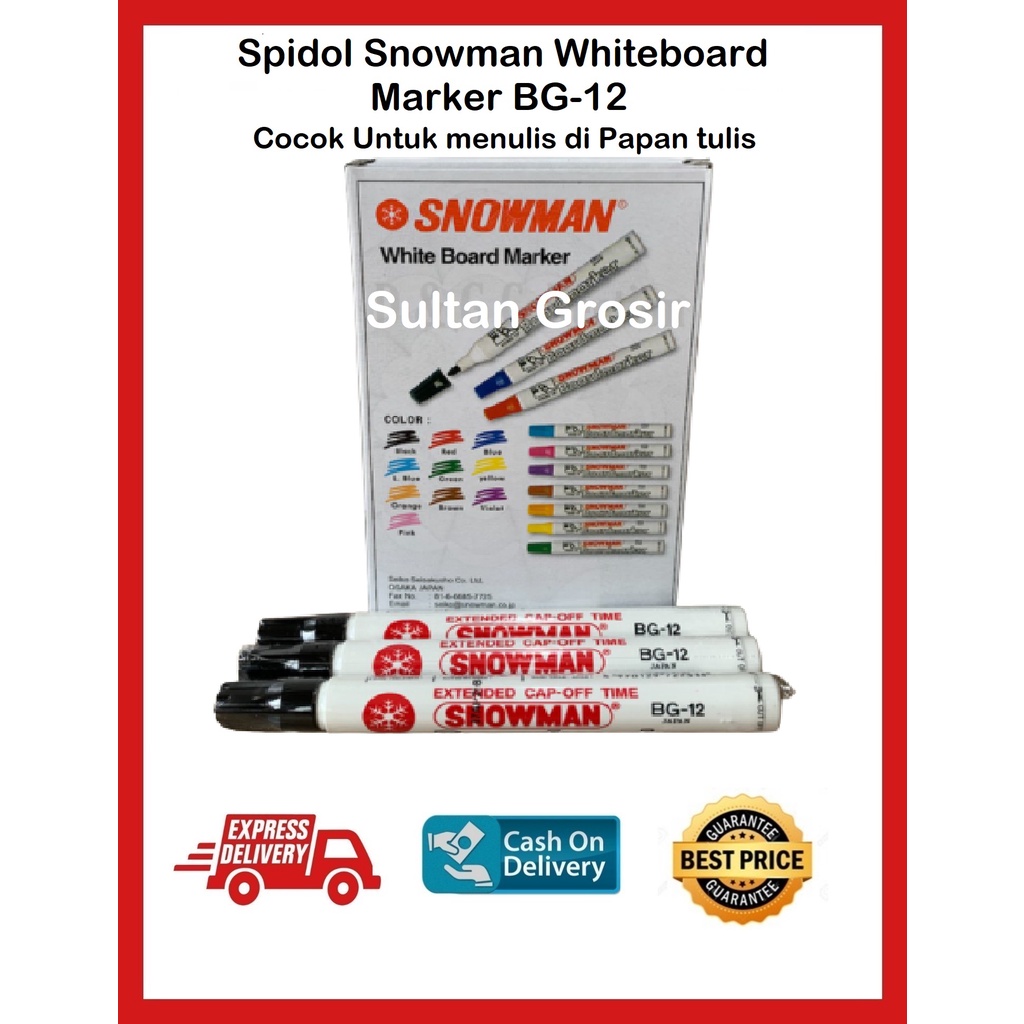 

SPIDOL SNOWMAN WHITE BOARD / BROADMARKER SNOWMAN BG 12 HITAM MURAH